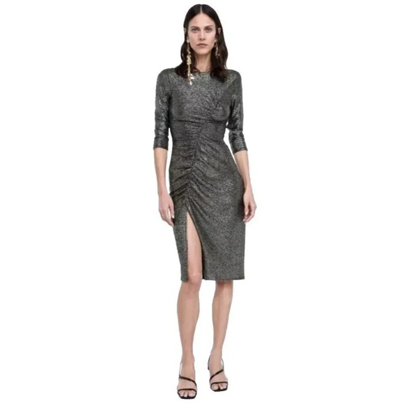 ZARA S Metallic Draped Long Sleeve Dress Runched Gathered Waist Front Slit Bold - Picture 2 of 16